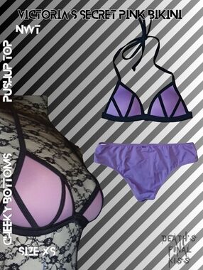 Victoria's Secret PINK Lilac Purple Black Pushup Halter Cheeky Hipster Bikini XS
